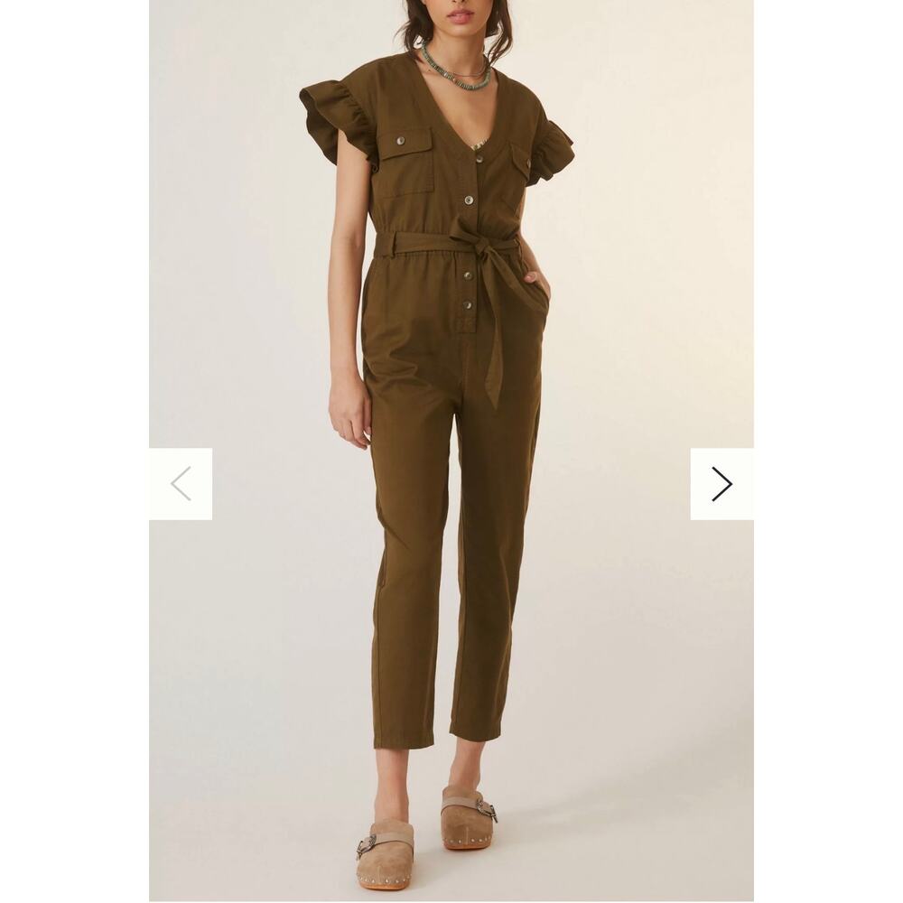 Anthropologie women’s Tapered Ruffle Jumpsuit Olive Green XS